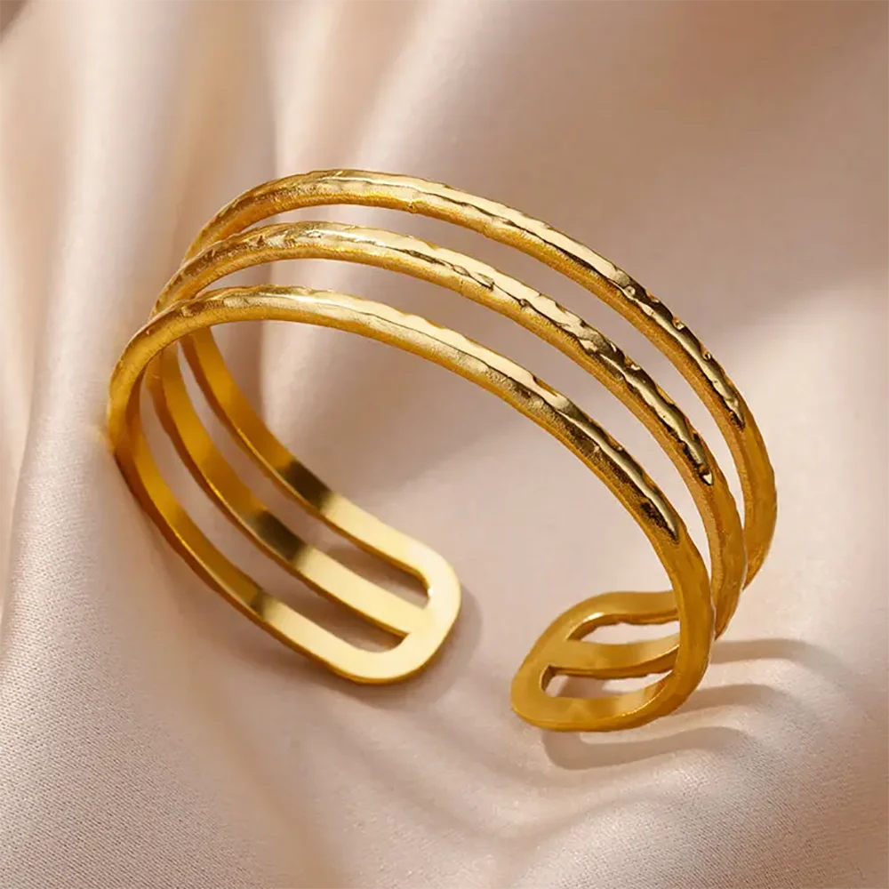 Stainless Steel Wide Bangles for Women Luxury Gold Color Chunky Flower Cuff Bangle Bracelet femme Vintage Wedding Jewelry Gifts