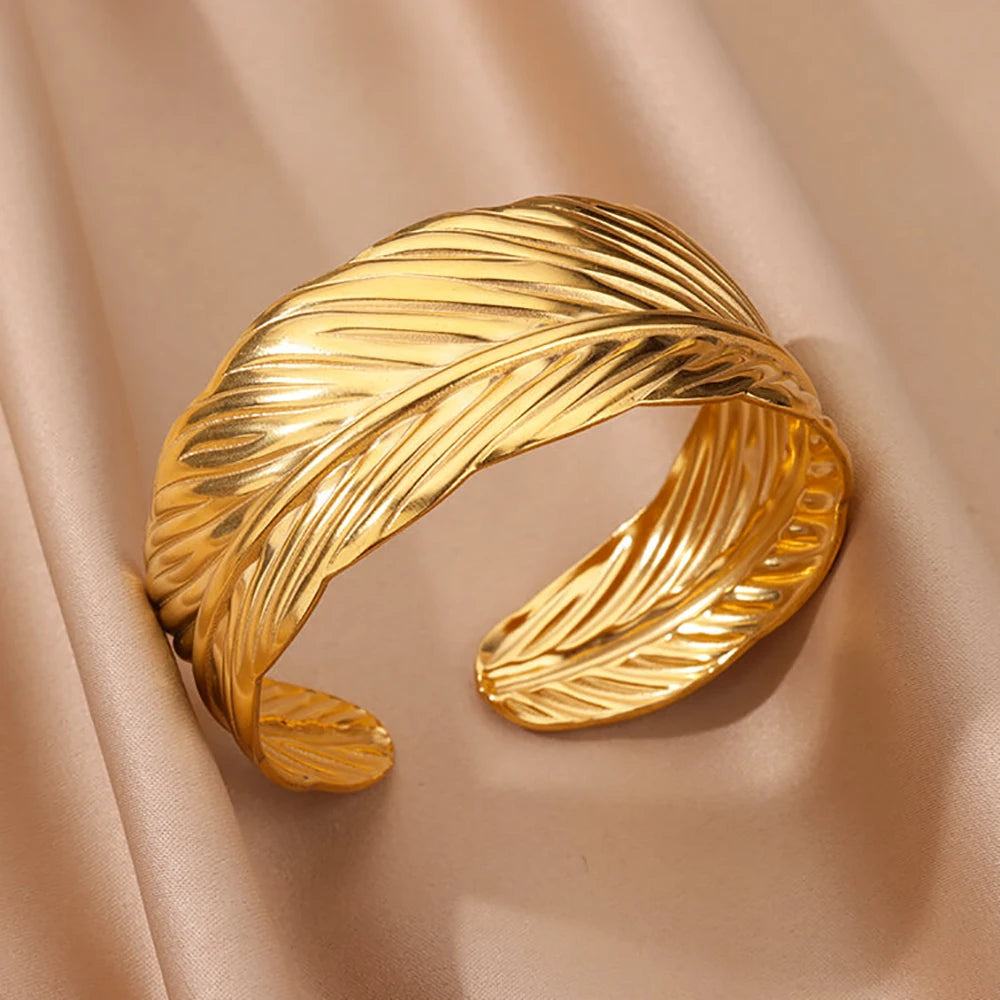 Stainless Steel Wide Bangles for Women Luxury Gold Color Chunky Flower Cuff Bangle Bracelet femme Vintage Wedding Jewelry Gifts