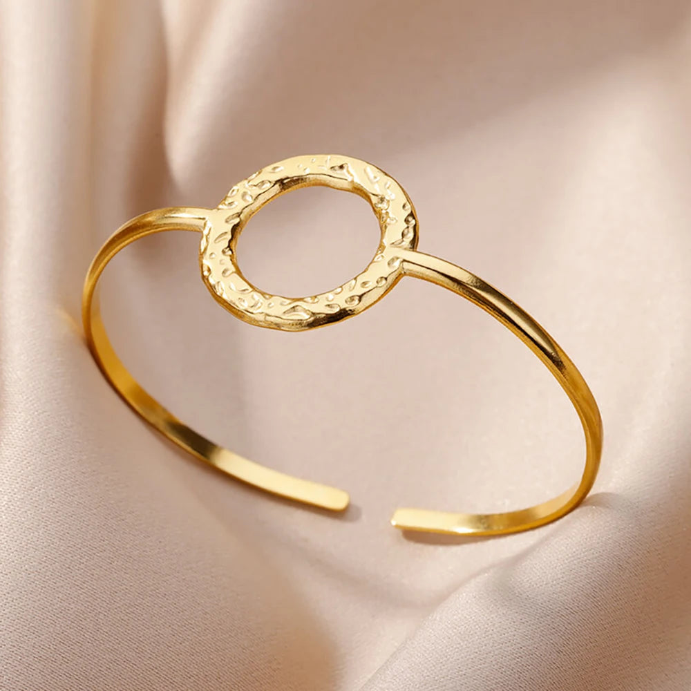 Stainless Steel Wide Bangles for Women Luxury Gold Color Chunky Flower Cuff Bangle Bracelet femme Vintage Wedding Jewelry Gifts